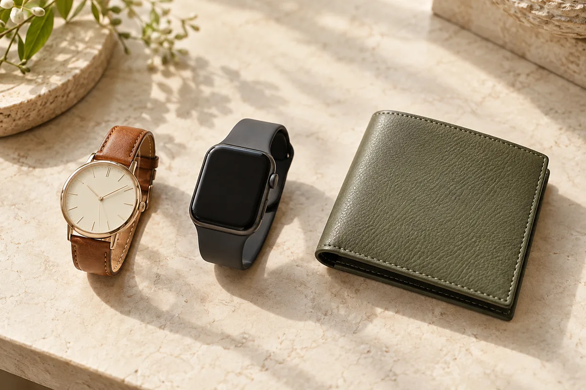 An analogue watch, a smartwatch and a sage wallet on a light stone surface.