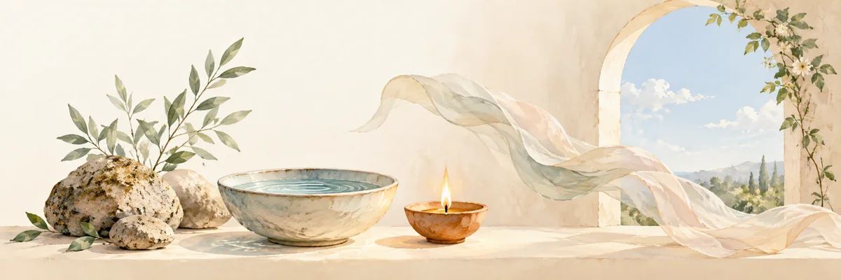 Earth stones, a water bowl, a small lamp, flowing fabric and open sky.